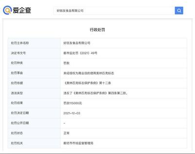 爱企查显示,好丽友擅用奥林匹克标志被罚11.5万元